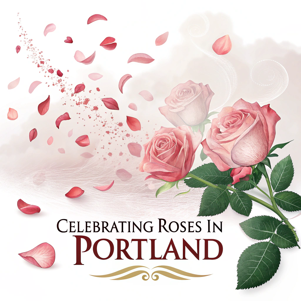 Softly rendered rose petals drifting on a gentle, misty breeze, some catching dew drops, evoking a Pacific Northwest atmosphere. 'Celebrating Roses in Portland' text.