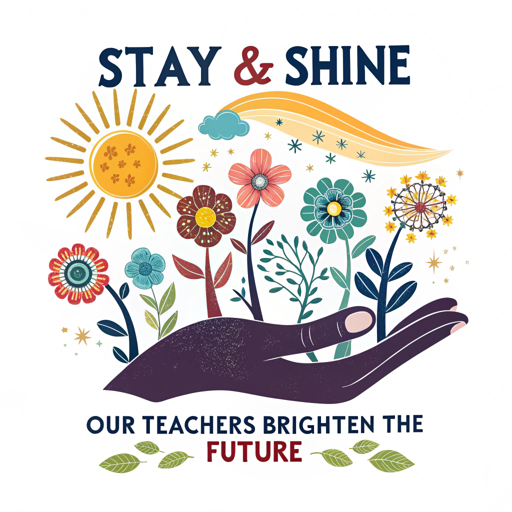 Future's Garden Sticker: A caring hand (teacher's) nurturing a variety of colorful, unique flowers under a gentle sun, representing diverse students and bright futures. Slogan 'Stay & Shine: Our Teachers Brighten the Future' integrated tastefully.