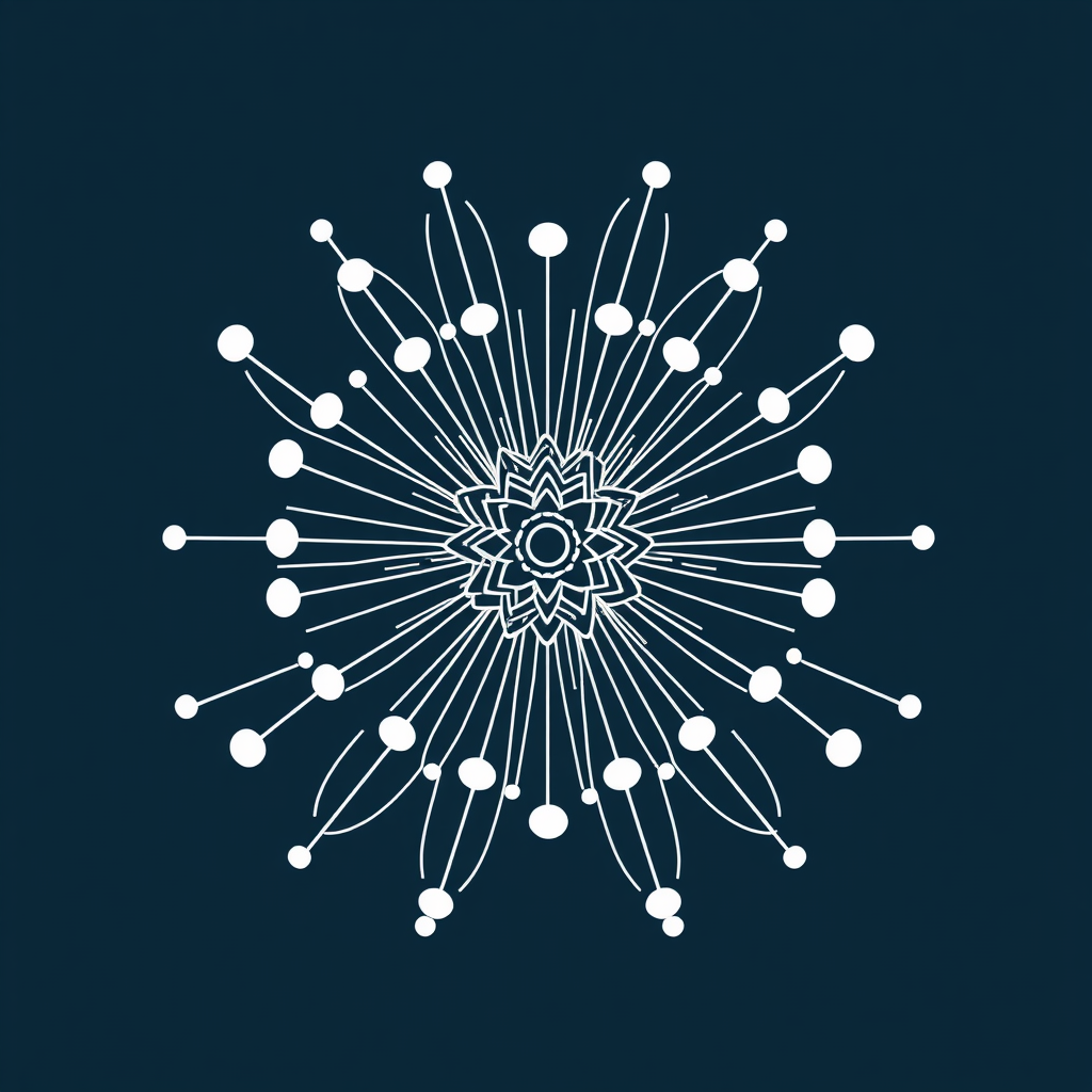 A central, multi-layered node (representing the AI core) from which stylized, interconnected lines radiate outwards, culminating in soft, petal-like shapes. The connections subtly form a network pattern within the bloom.
