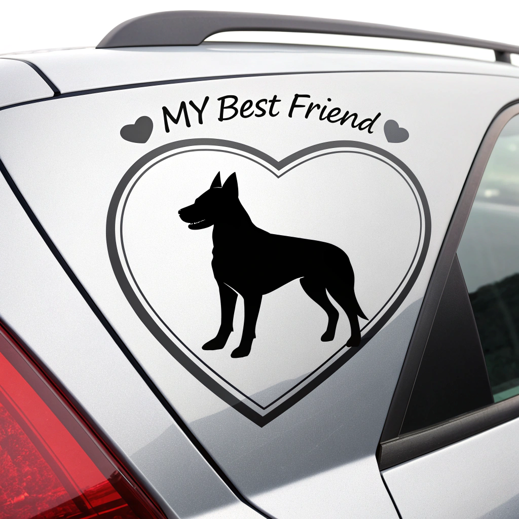 A car sticker featuring a silhouette of a specific dog breed inside a heart shape, with the text 'My Best Friend' above it.