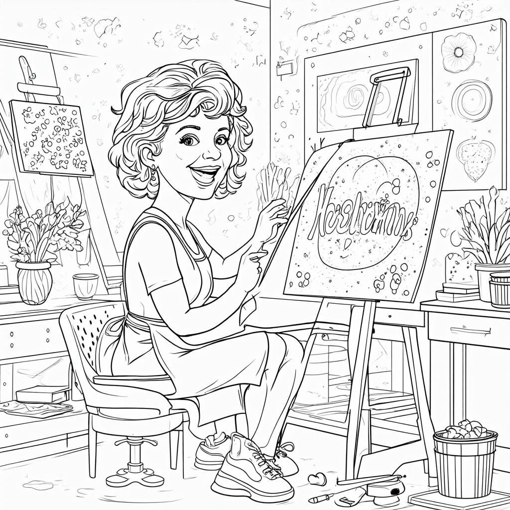 Mom creatively engaged in an artistic hobby, such as painting on a canvas at an easel, sculpting with clay, or crafting. The scene should include various art supplies, her work-in-progress, and an inspiring, perhaps slightly messy, creative space.