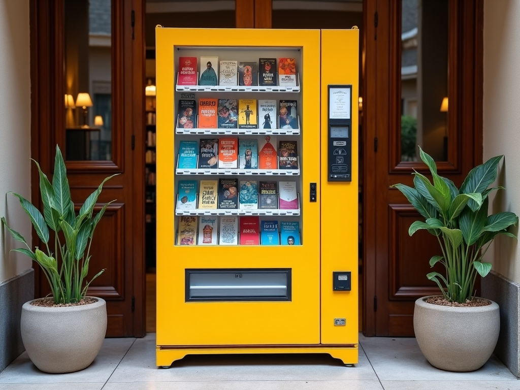 A vending machine exclusively for books at a library entryway, containing a mix of bestsellers and classic literature by various colorful covers.