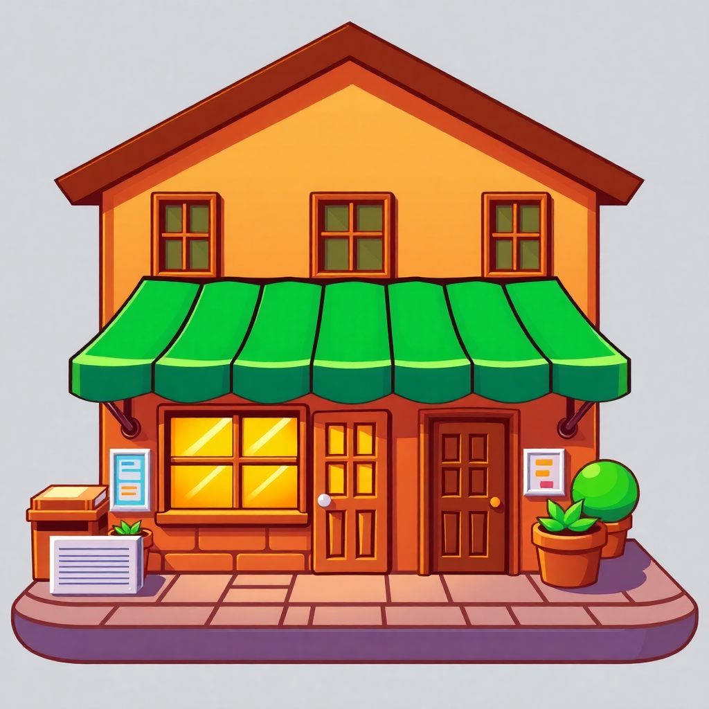 The image is a digital illustration of a small building with a green awning. The building is a two-story structure with a brown roof and a yellow exterior. It has two large windows on the front and two smaller windows on either side of the entrance. The front door is brown and has a small window above it. There are two potted plants on the ground in front of the building, one is a potted plant and the other is a small shrub. There is also a small air conditioning unit on the sidewalk next to the building. The overall color scheme of the image is warm and inviting, with shades of orange, yellow, and green.