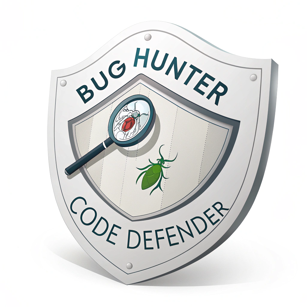 Shield of the Hunter: A sticker shaped like a modern, sleek shield, with a prominent magnifying glass in the center. Through the lens of the magnifying glass, a tiny, intricate bug is visible. Text: 'Bug Hunter - Code Defender'.