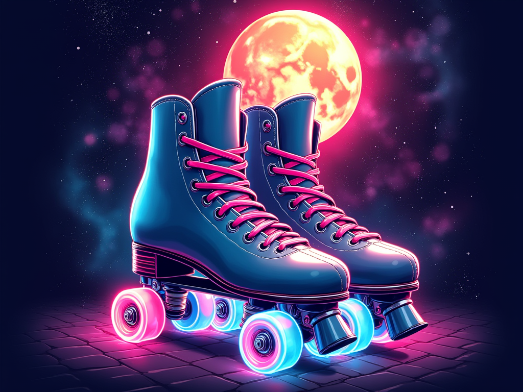 Cosmic Skate Night: Features a pair of roller skates with glowing wheels leaving neon trails. In the background, a disco ball acts as a moon, with swirling, colorful lava lamp patterns forming psychedelic nebulae in a starry sky. Color palette: deep purples, electric blues, hot pinks, and silver.