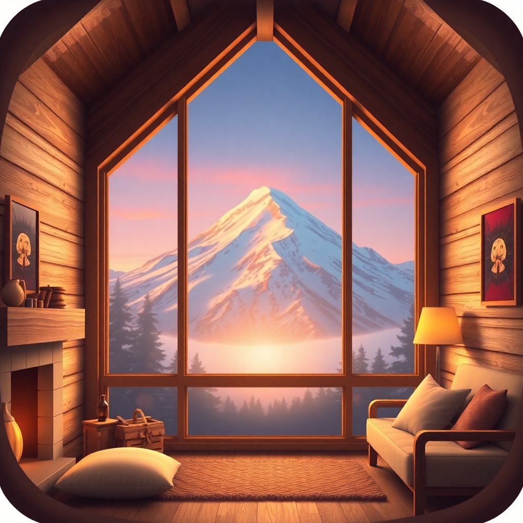 A cozy cottage scene with a large window view of a snow-capped mountain peak at sunrise. The interior of the cottage has warm lighting and comfortable furnishings.