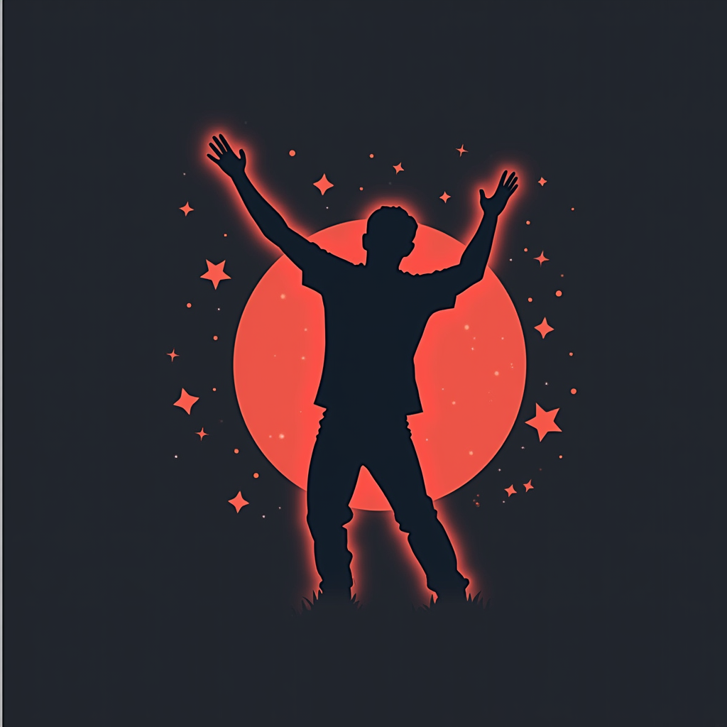 Simple Icon Idea: A minimalist icon featuring a single dancing raver silhouette with arms raised, accented by a small, stylized sound wave or an electric spark element nearby.