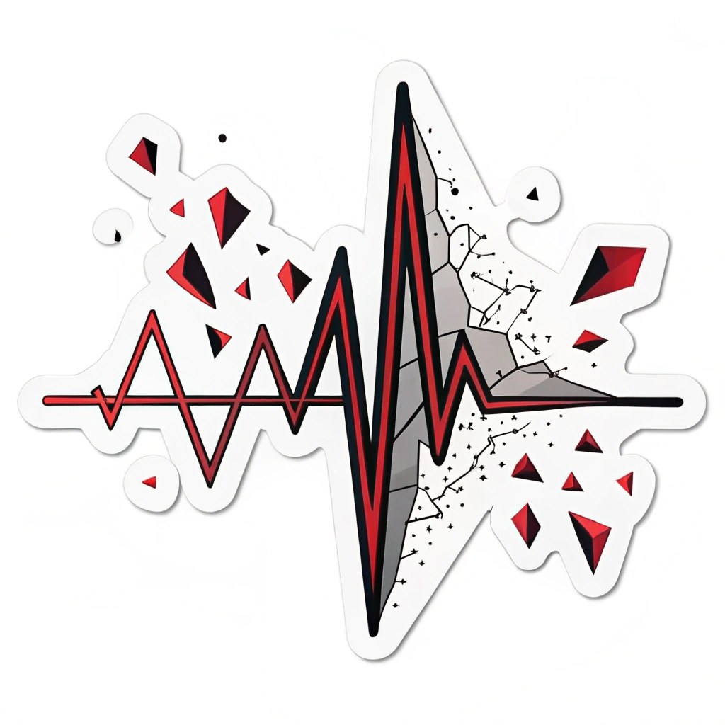 Sub-design 3: An abstract, angular representation of a sound wave or EKG line, using sharp geometric segments and fragmented shapes to depict a dynamic 'pulse', employing high-contrast bright and dark colors.