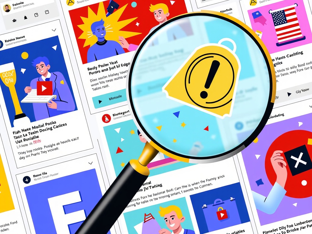 Illustration: A magnifying glass scanning a social media feed, highlighting and flagging misleading posts with warning symbols.