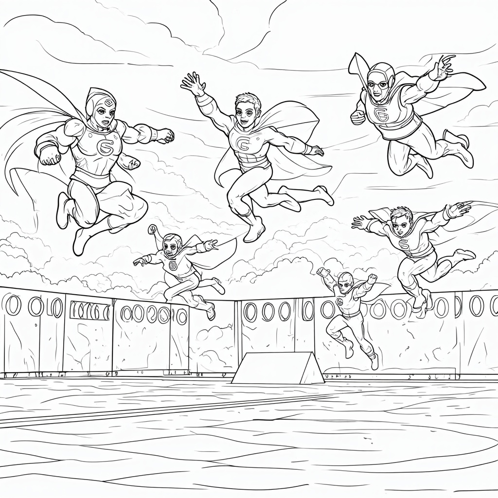 A coloring page displaying superheroes practicing their flight and agility skills in a controlled environment.