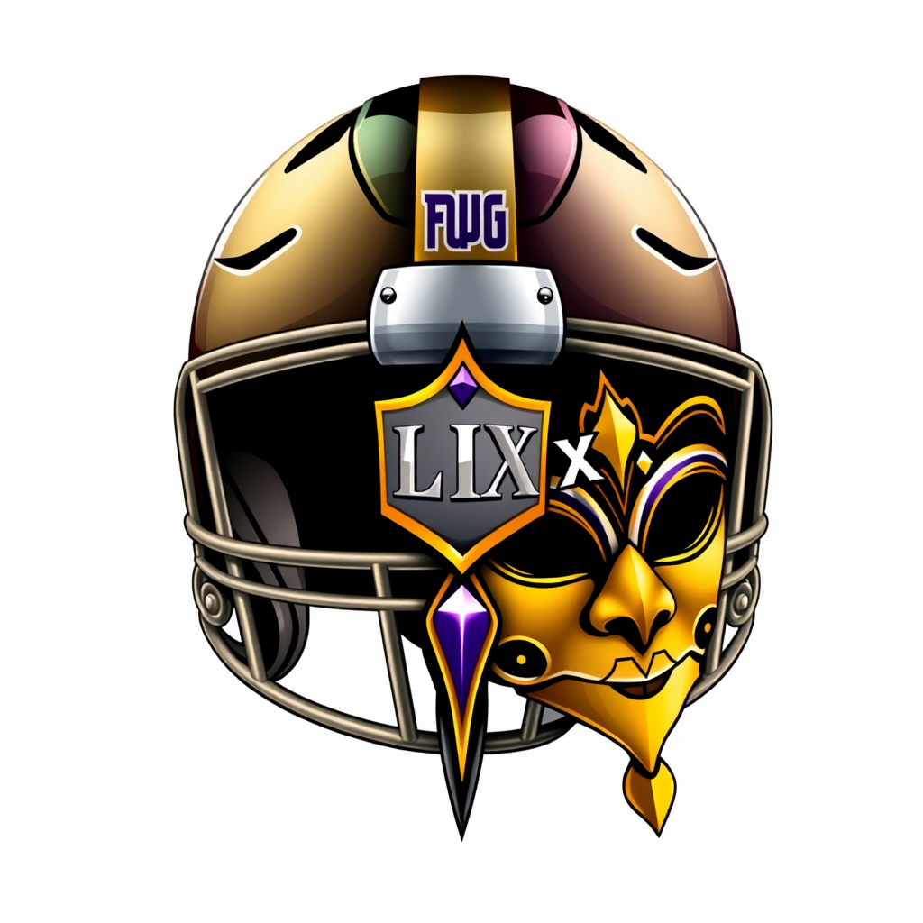 An elegant fusion design where half of a stylized football helmet seamlessly merges with half of an ornate Mardi Gras mask (perhaps using the NFL shield as a joining element), with 'LIX' incorporated as a central jewel or emblem on the mask side.