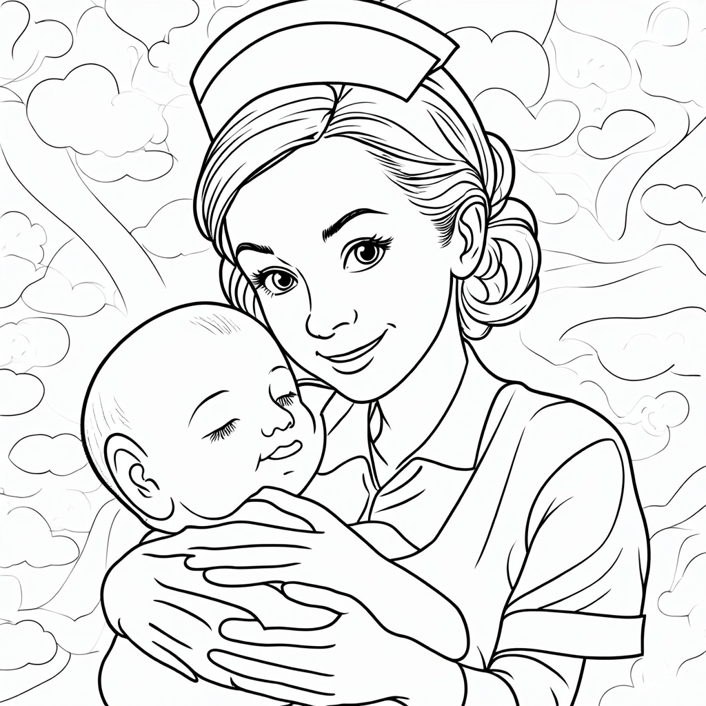 A coloring page focusing on the close-up emotional connection: the nurse's gentle hands securely holding the baby, with the nurse's face showing warmth and care, and the baby looking peaceful. The background can be a simple pattern like soft clouds or a quilt.