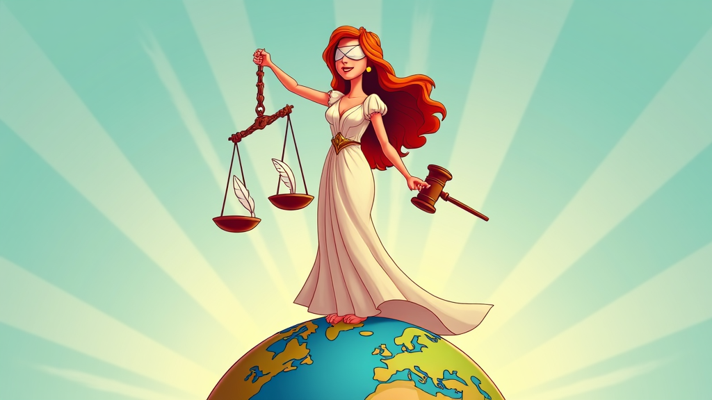 A cartoon where Lady Justice stands atop a world globe, showing her universal reach. Her blindfold is intact, and her scales hold diverse elements like a feather and a gavel, symbolizing balance between leniency and authority.