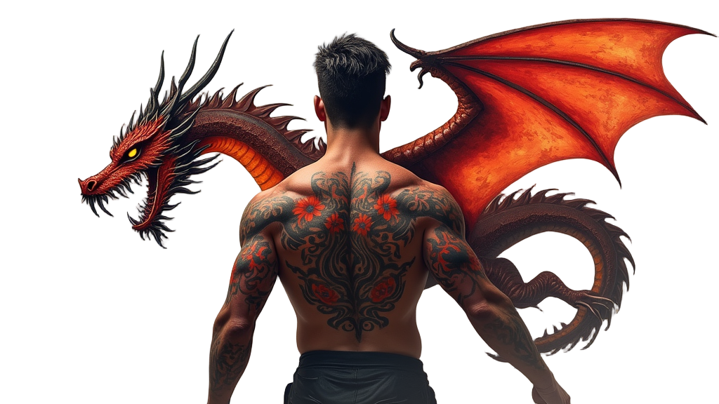 A fierce Western dragon tattoo sprawls across a man's back, its wings spread wide, detailed with fiery red and orange hues, and its sharp claws ready to strike.