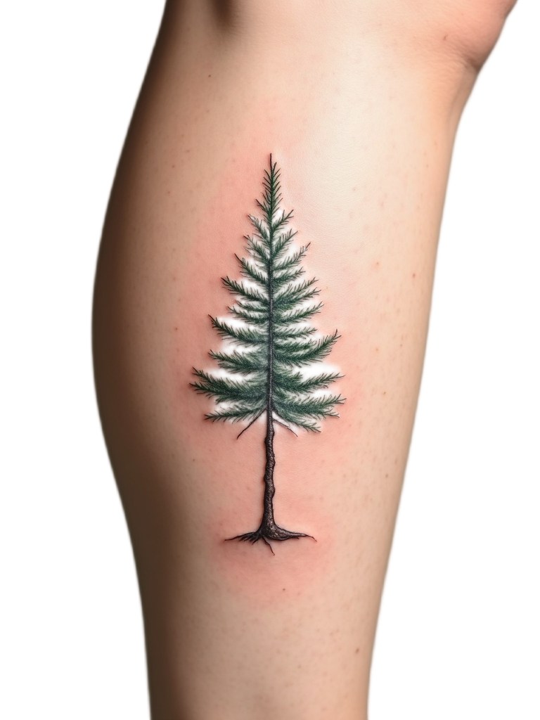 A tiny pine tree tattoo on the calf, evoking thoughts of growth, resilience, and standing tall amongst adversity, etched with vertical precision.