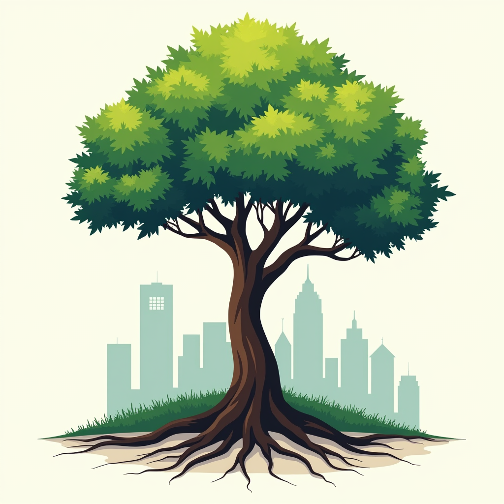 A graphic depicting a tree with roots grounded in a campus setting (represented by subtle building outlines) and branches reaching into a cloud, symbolizing growth in a hybrid environment.