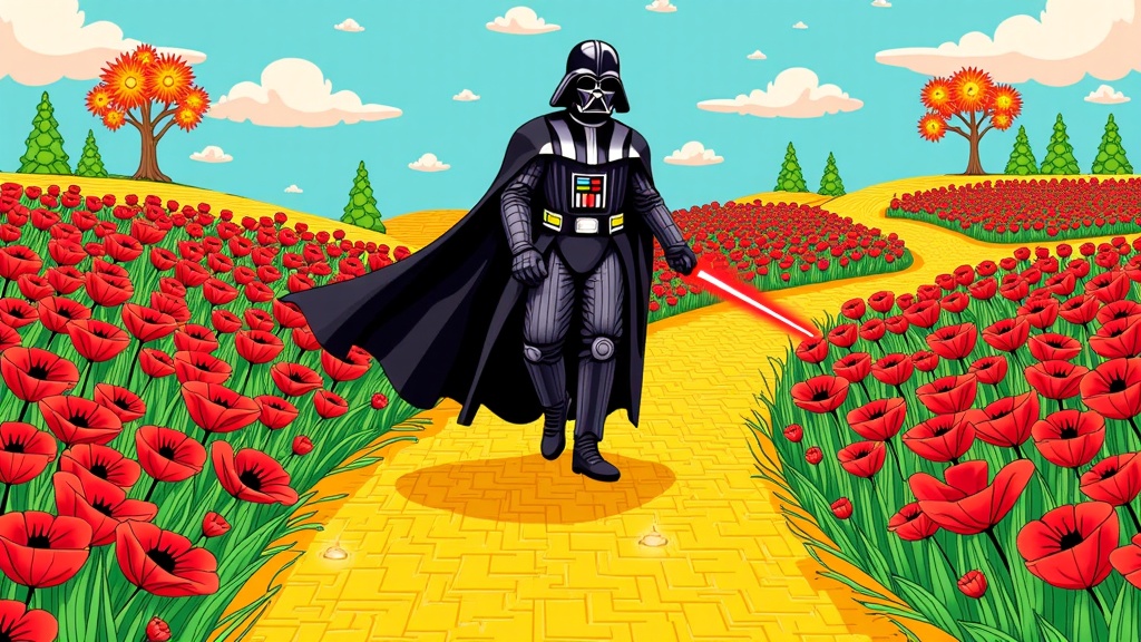 Use AI to depict iconic movie characters swapped into the settings and costumes of entirely different classic films (e.g., Darth Vader navigating the Yellow Brick Road).