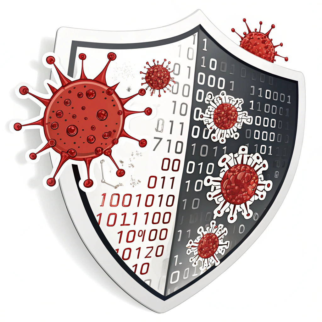 Binary Code Barrier: A sticker depicting a shield dynamically formed from a dense, flowing wall of binary code (0s and 1s). Some digits could be highlighted or glow brighter as they visually 'deflect' abstract representations of digital threats like red glitchy particles.
