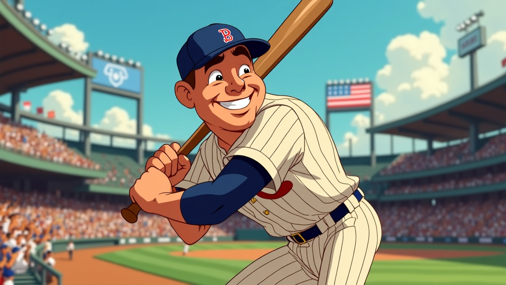 Translated text (already in English): Babe Ruth Cartoon Illustrations - Exaggerated Swing: Dynamic Action Poses of Babe Ruth