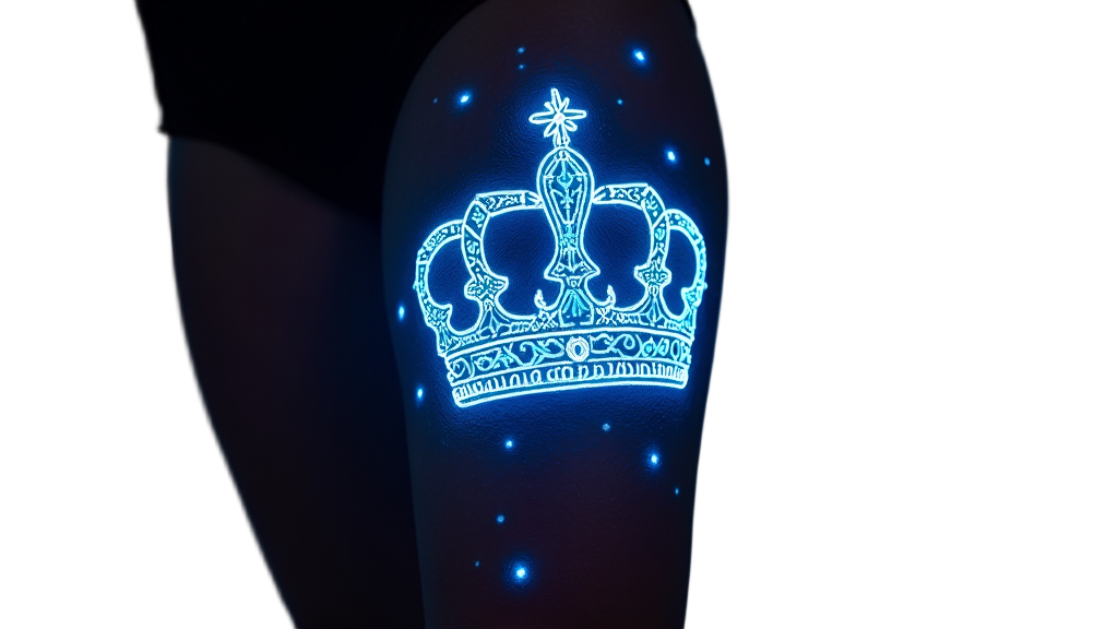 A bioluminescent glow effect crown tattoo on the thigh, using neon colors to create a mesmerizing nighttime glow.