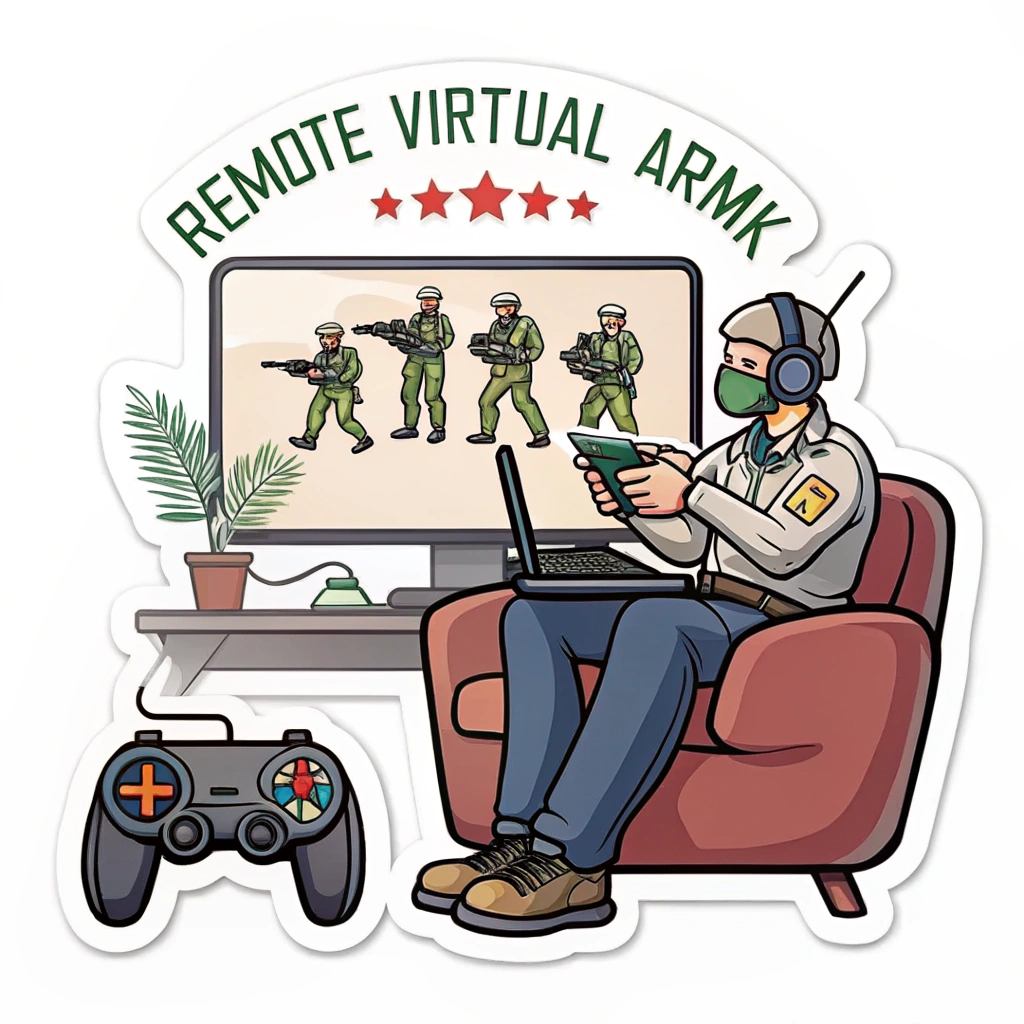 Create a sticker showing a video game character controlling a virtual army from a couch, emphasizing the strategic aspect of remote work with a playful, gaming-themed design.