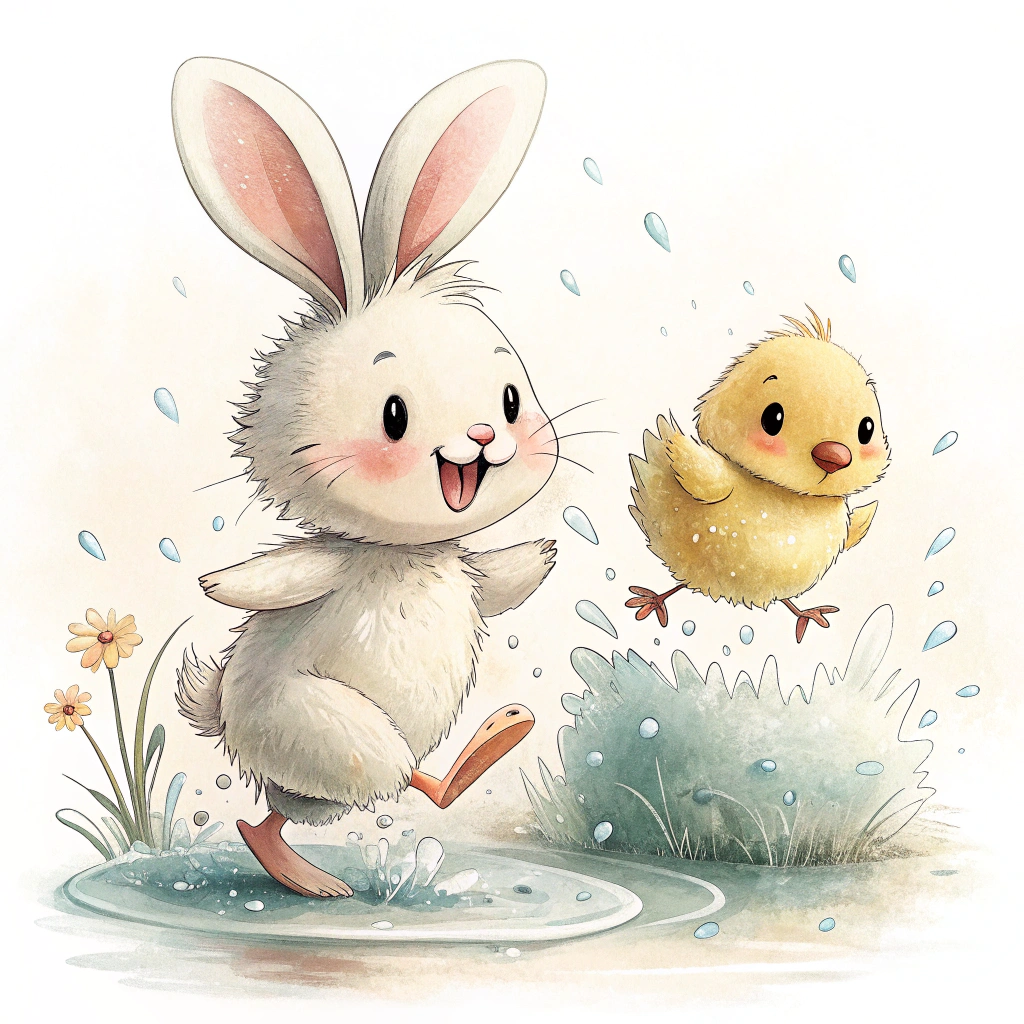 Create a sticker with a bunny and a chick jumping in a puddle.