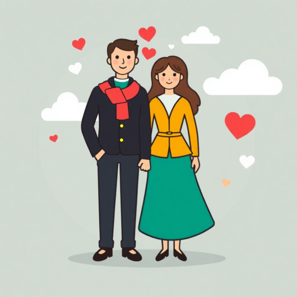 The image shows a man and woman standing next to each other in front of a backdrop of clouds and heart symbols. The man is wearing a suit and the woman is wearing footwear.