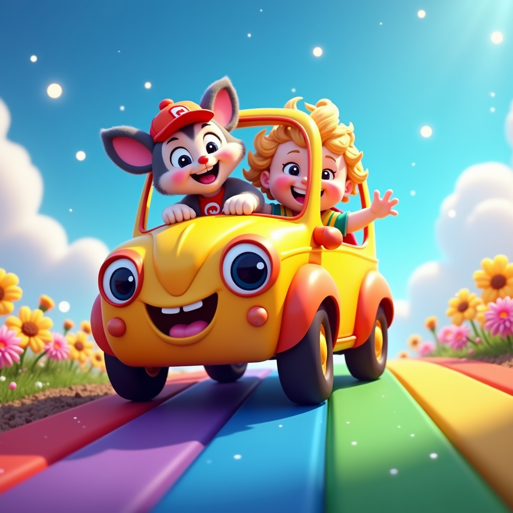 A vibrant, looping animation of a cartoon car driving along a rainbow road, with bubbly, cheerful characters waving from the windows.