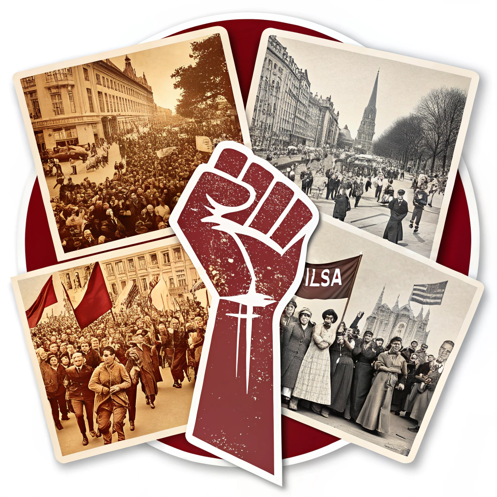 Sub Design Idea 4: A collage-style sticker blending sepia-toned or duotone photos from different historical May Day parades and gatherings globally (e.g., Europe, USA), unified with a transparent color overlay (like red) or a central symbolic graphic element like a raised fist.