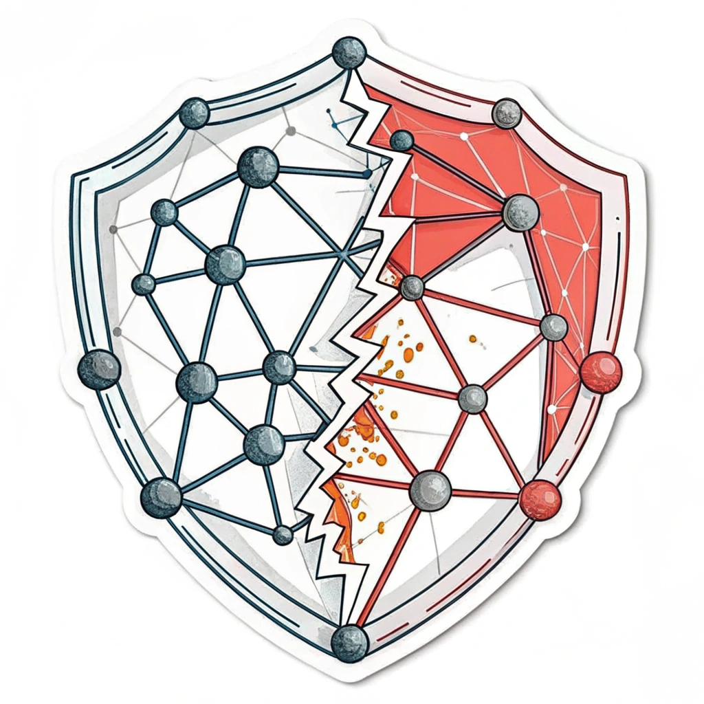 Fragmented Resilience Grid: An abstract representation of a grid where nodes form a protective pattern, perhaps shield-like, but with some connections appearing broken, frayed, or 'glitching' (visualized with contrasting colors like red or orange). This symbolizes both the presence of security measures and the constant threat of vulnerabilities. Use metallic grays, cool blues, and sharp geometric forms.