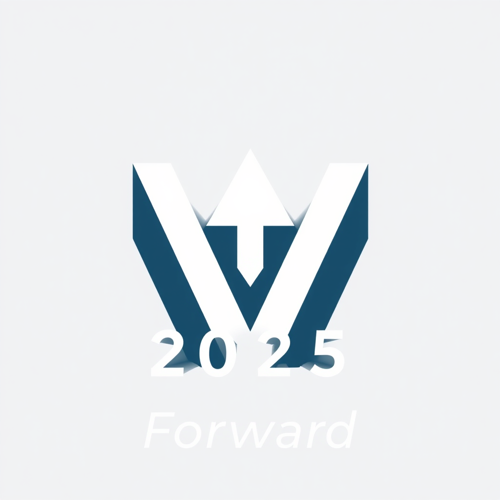 A logo featuring a stylized letter 'M' (for May Day) where the central V-shape is a distinct upward-pointing arrow, symbolizing progress. The year '2025' and the word 'Forward' are integrated within or alongside this mark.