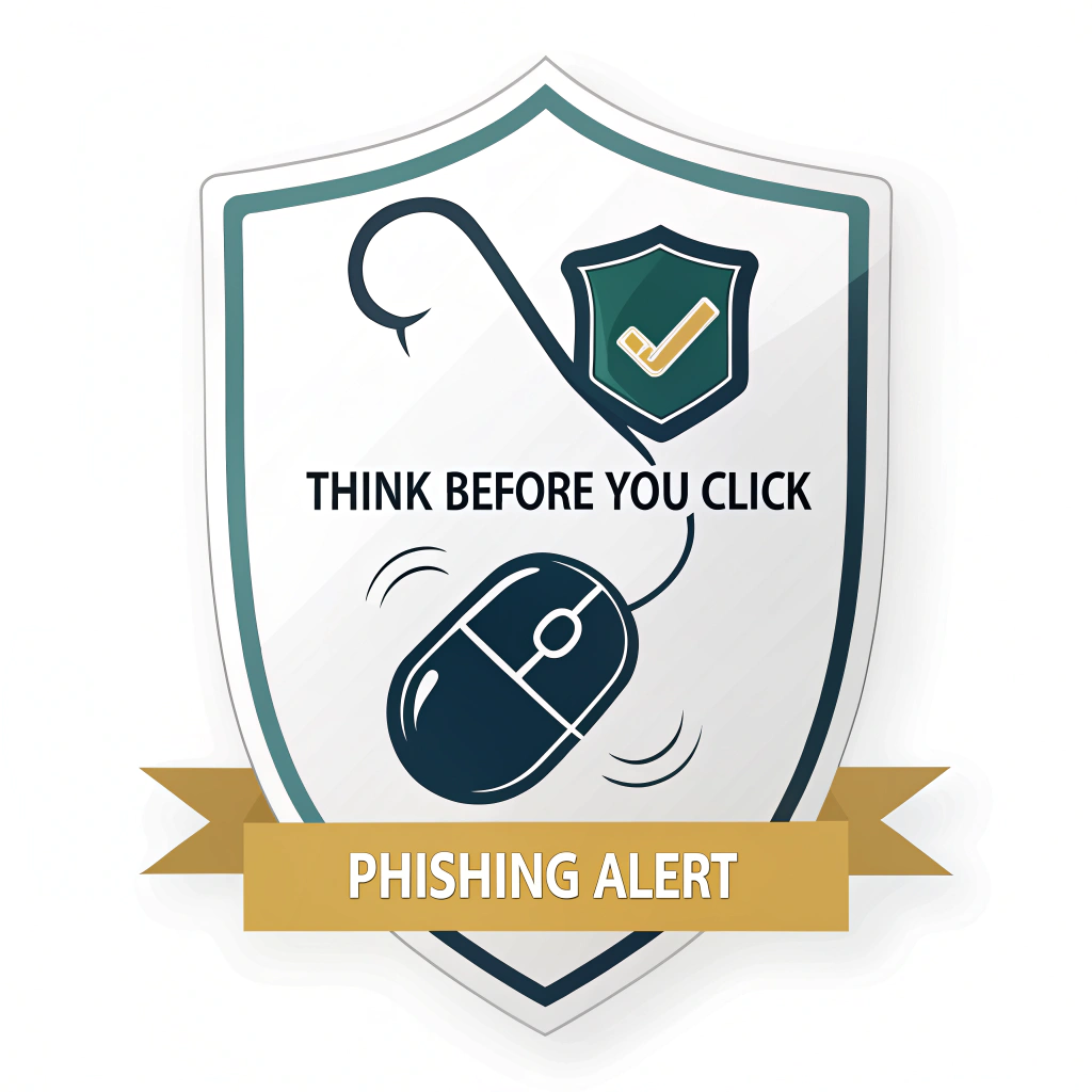 Sticker Sub-Design 5: A shield icon with a mouse pointer bouncing off it, or a phishing hook breaking against it. The phrase 'Think Before You Click' on a ribbon across the shield, and 'Phishing Alert' underneath.