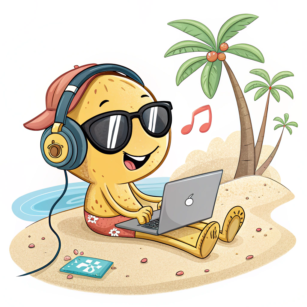 Sub Design Idea 2: A cartoon character wearing headphones and sunglasses, sitting on a beach with a laptop.