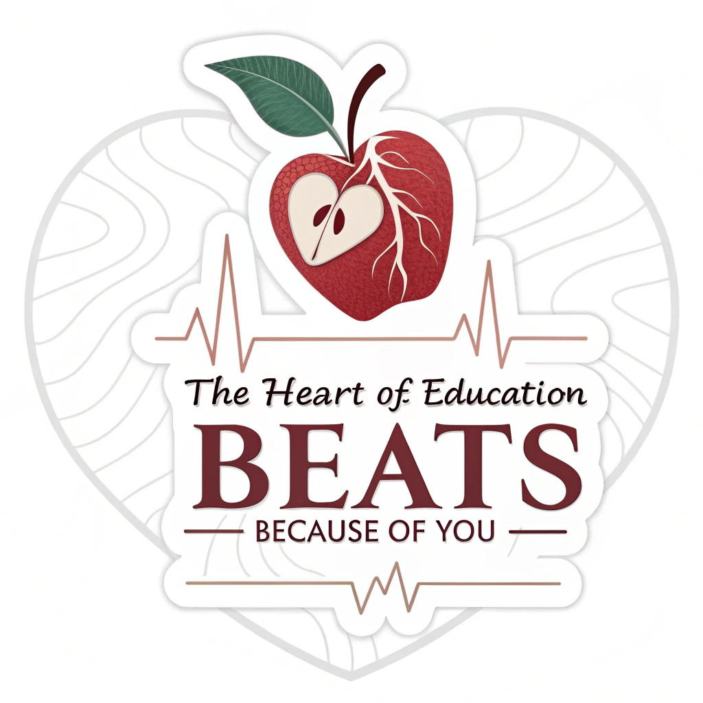 A design showcasing an apple, a classic symbol of education, with its core visibly forming a heart shape. Subtle rhythmic pulse lines could radiate from the apple-heart. The slogan 'The Heart of Education Beats Because of You' arches around or below.