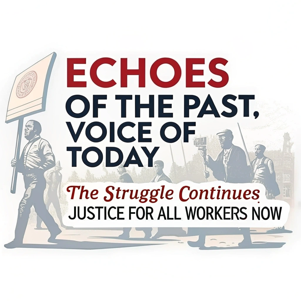 Sub Design Idea 3: 'Echoes of the Past, Voice of Today' - Incorporates silhouettes of historical protestors or classic labor poster imagery subtly in the background, with a bold, modern typographic message demanding current workers' rights. Style: Layered design, combining faded vintage elements with sharp, contemporary lettering. Slogan: 'The Struggle Continues' or 'Justice for All Workers Now'.