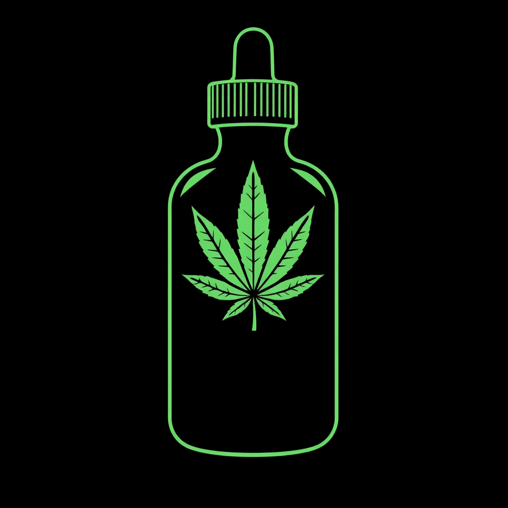 Bottle Embossed Leaf Mark: A silhouette of a dropper bottle featuring a subtly embossed, debossed, or clearly printed cannabis leaf mark directly on the bottle's surface, conveying a premium, medical feel.