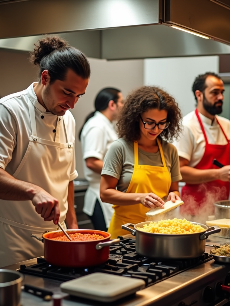 A busy kitchen mid-preparation of baked ziti, with red sauce simmering, pasta boiling, cheese grating, offering a sense of eager anticipation and culinary chaos.