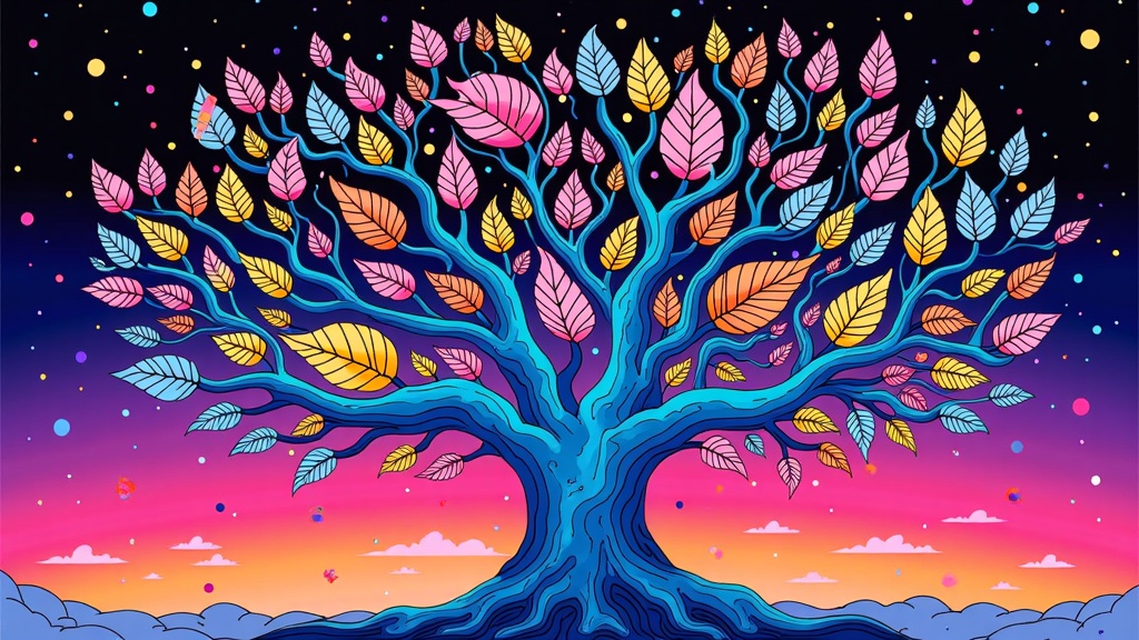 An infinite, surreal gallery or a branching tree where each section or leaf displays a unique AI-generated illustration, with the 'prompt' as the seed or root, emphasizing the diversity of outputs from prompts.