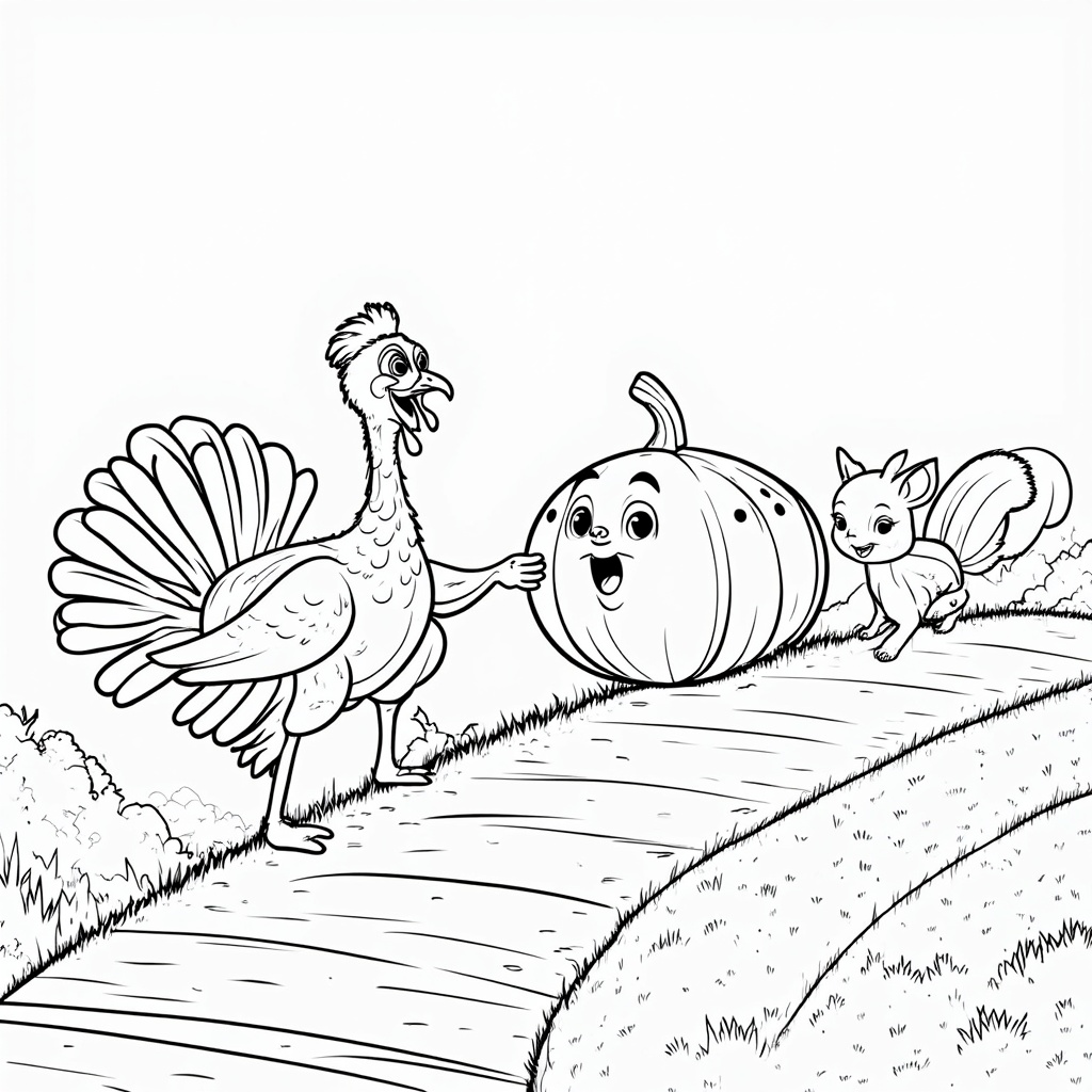 A playful turkey rolling a gigantic pumpkin up a hill, with a daunting expression, while a squirrel and mouse cheer from the sidelines, turning it into an animated race against time.