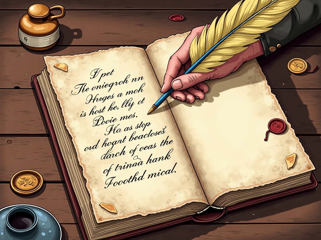 A vintage-style illustration where the quill is actively writing flowing, poetic script onto the open book's page, with the inkwell nearby. Aged paper texture and perhaps a wax seal element could be included.