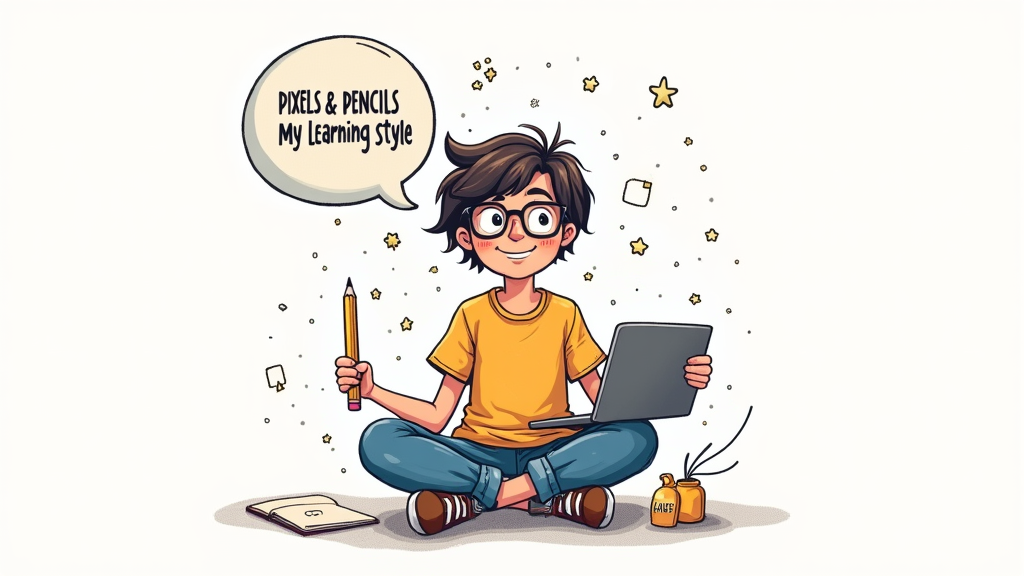 A playful design featuring a character (e.g., a student, an owl) simultaneously interacting with a laptop/tablet and a traditional pencil and notebook. Small pixelated elements and hand-drawn scribbles could float around the character. The slogan 'Pixels & Pencils: My Learning Style' can be in a speech bubble or as a caption.