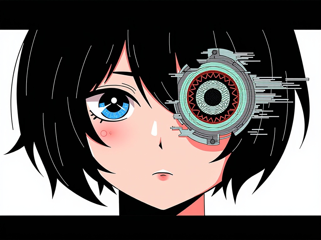 Close-up portrait of a character (human or android) with glitch artifacts obscuring or distorting parts of their face, especially the eyes, hinting at fractured identity or corrupted memory.