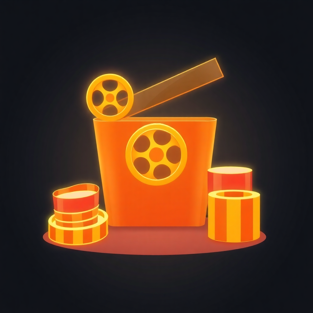 The image shows an animated bucket with a film reel and a pair of scissors on top of it, surrounded by a few other objects. The background is dark, giving the image a mysterious atmosphere.