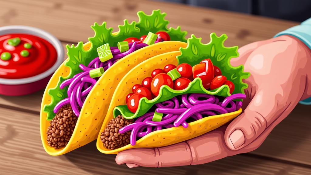  a hand holding two tacos. The tacos are yellow in color and have a variety of toppings on them. The top of the tacos are filled with lettuce, red onions, cherry tomatoes, and green onions. There are also some seeds scattered throughout the tacos. On the left side of the image, there is a small bowl of red sauce. The background is a wooden table.