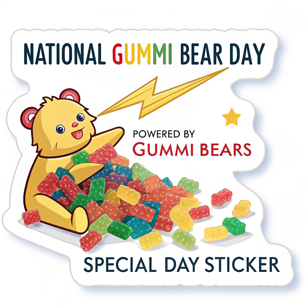 Sticker Design 5: 'Gummi Pile Power-Up'. A sticker showcasing a vibrant pile of assorted colorful gummi bears from which a playful lightning bolt or energy beam emerges. Text 'National Gummi Bear Day' across the top, and 'Special Day Sticker' at the bottom, with 'Powered by Gummi Bears' cleverly integrated into the energy visual.