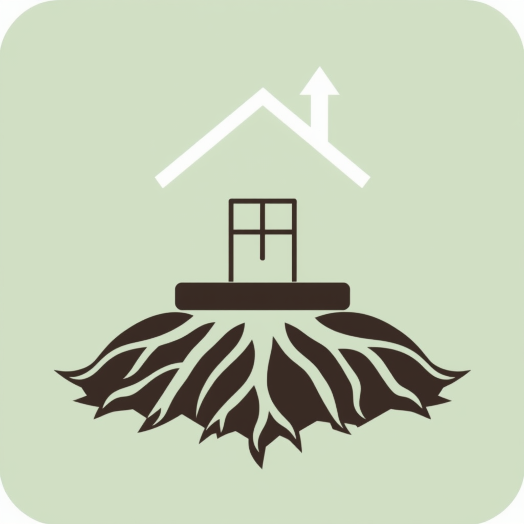 A stylized house icon with its base depicted as strong, foundational roots or a solid block, and the roofline subtly transforming into an upward-pointing arrow or a sprouting plant, indicating growth and stability.