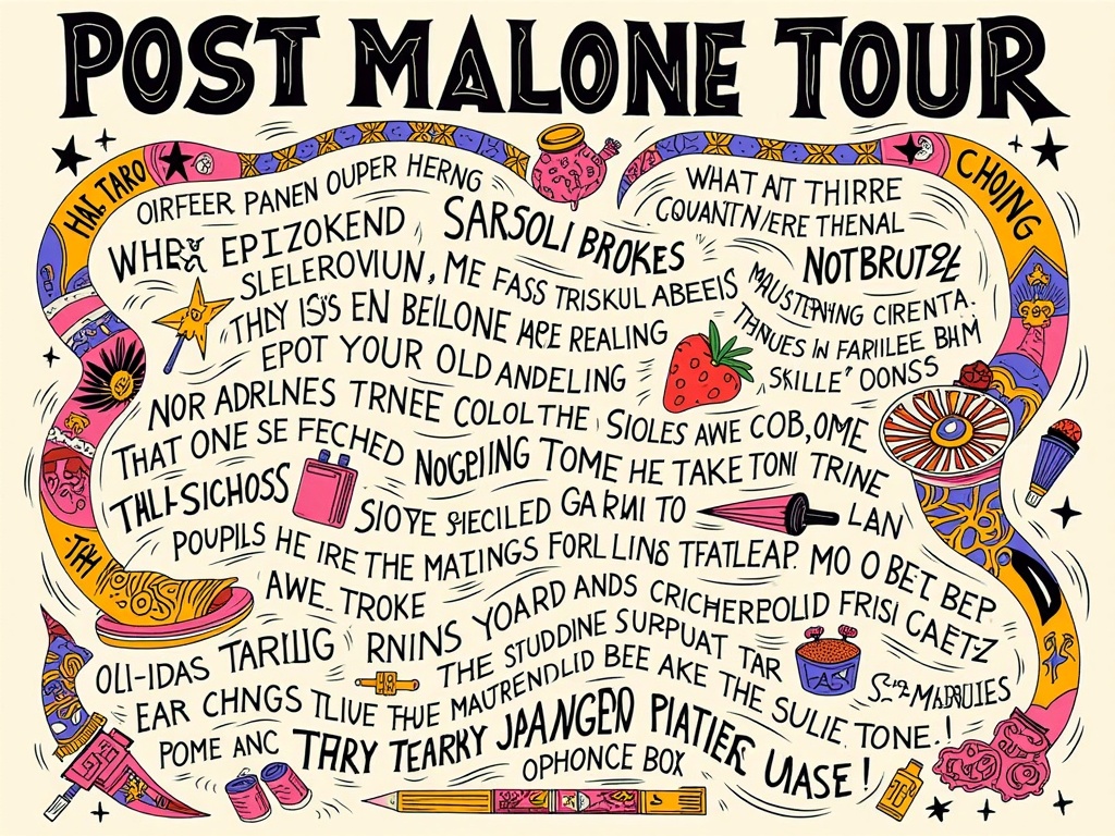 Illustrated Tour Narrative: The poster tells a visual story of a Post Malone tour or song, using a continuous inked illustration style where lyrics (anthems) guide the narrative flow depicted through tattoo-like imagery.
