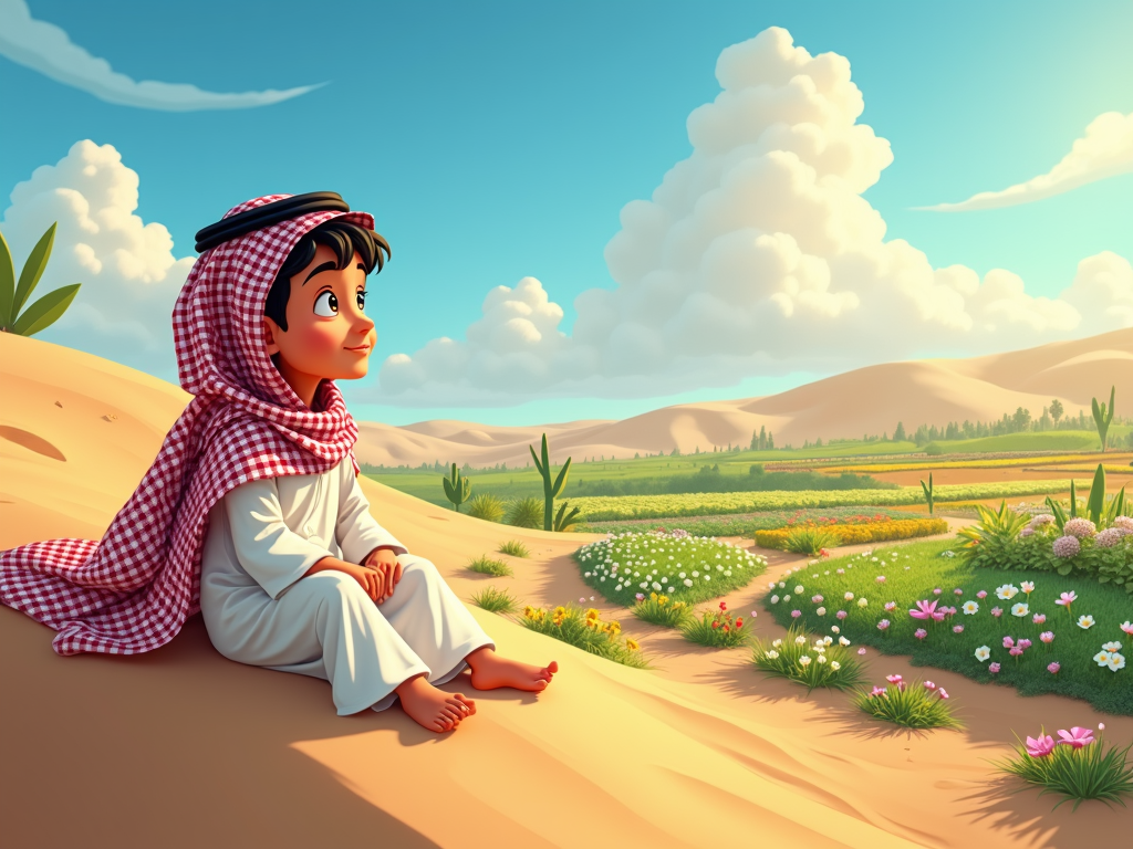 A Qatari kid imagines transforming the desert into a lush green space filled with innovative sustainable farms.