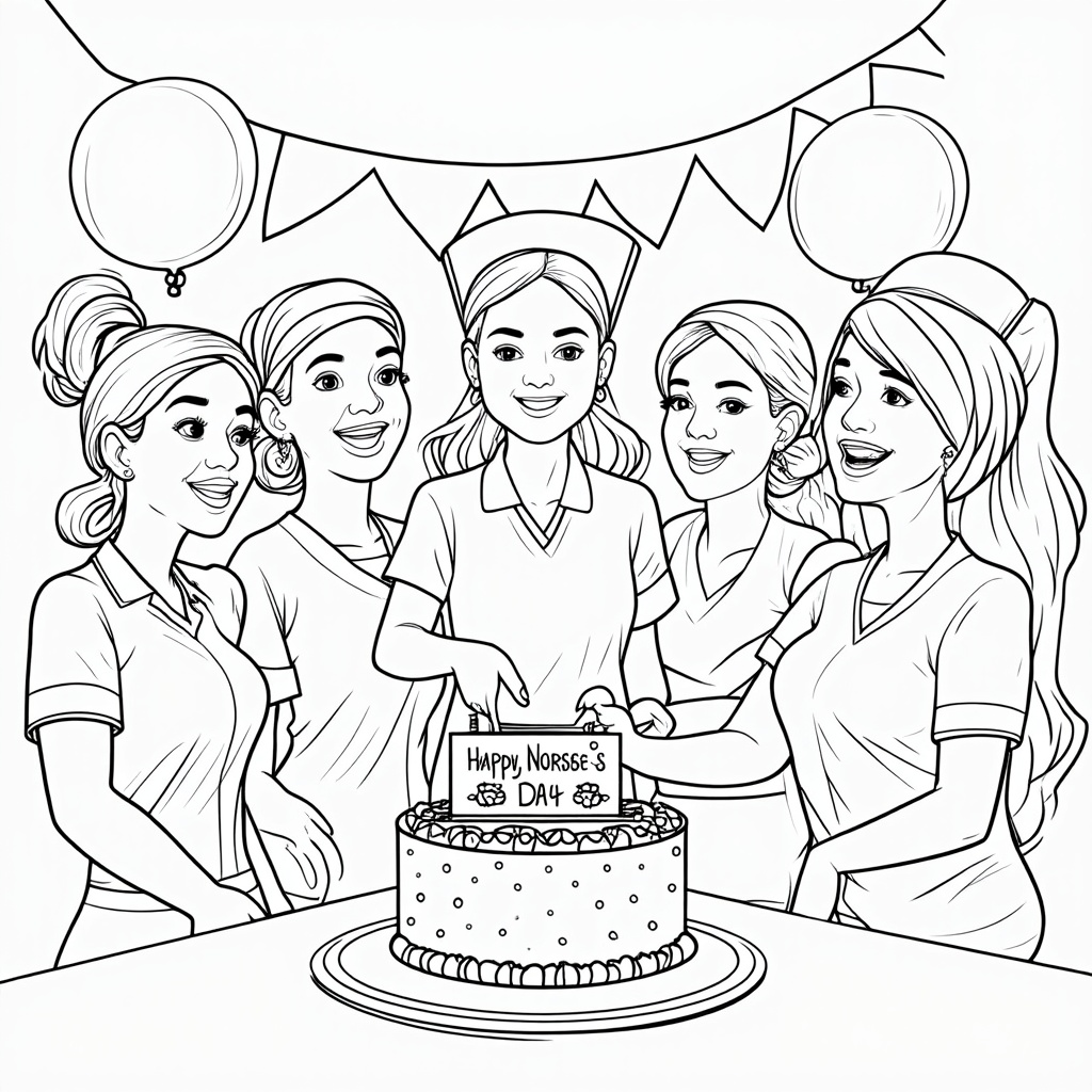 Nurses' Day Celebration Gathering: Illustrate a diverse group of nurses cheerfully interacting during a small break or celebration. One nurse might be cutting a cake with 'Happy Nurses Day' on it, while others chat and laugh together. Include elements like balloons or a simple banner in the background for coloring.
