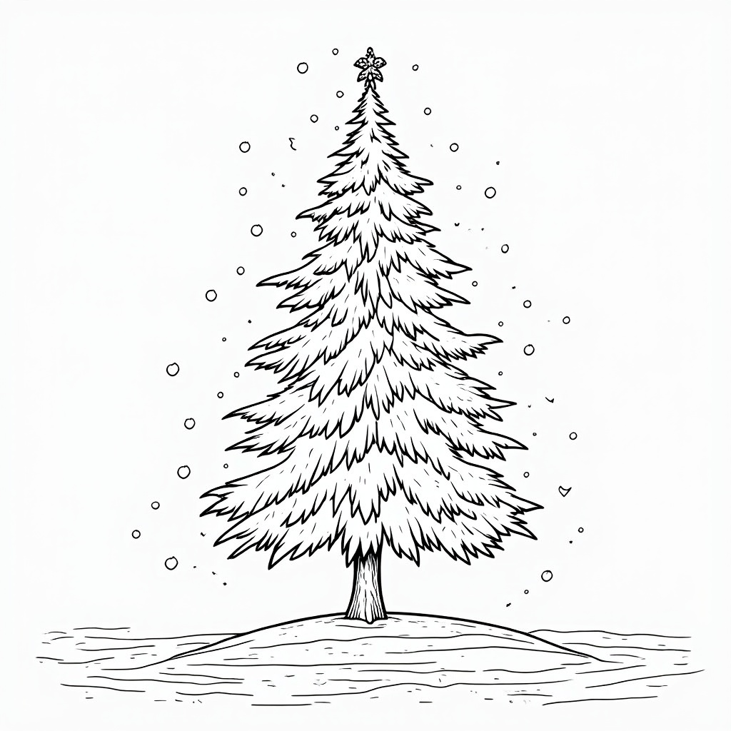 The image is a black and white line drawing of a Christmas tree. The tree is tall and slender with a pointed top and a conical trunk. It is covered in snowflakes and has a star on top of the tree. There are small dots scattered around the tree, giving it a whimsical and festive look. The background is plain white, making the tree stand out. The overall style of the image is simple and minimalistic.